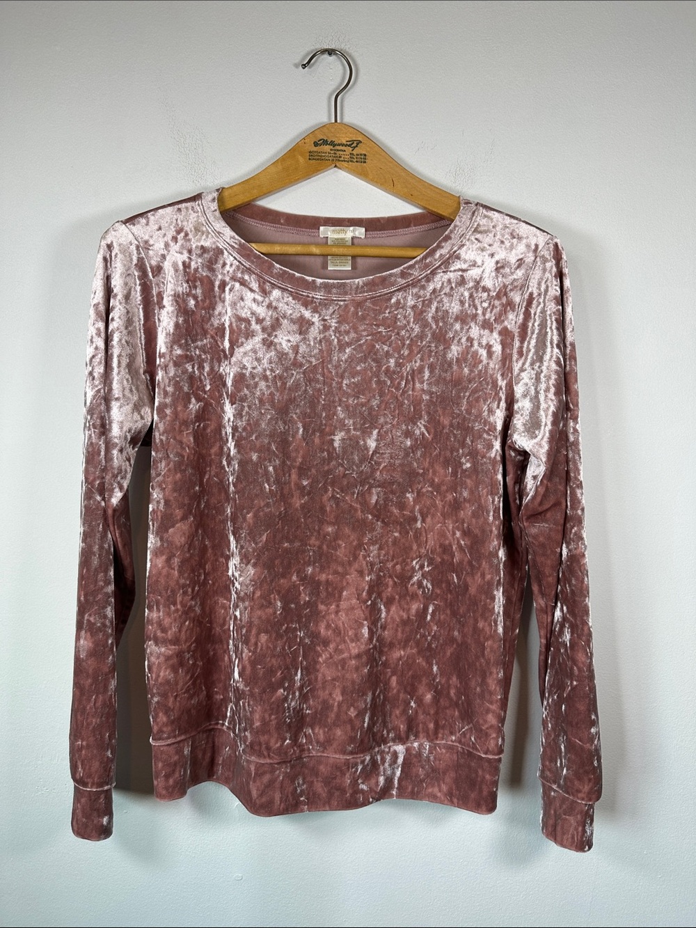 Matty M Crushed Faux Velvet Dusty Pink Long Sleeve Top Pink Mauve Women's Size L